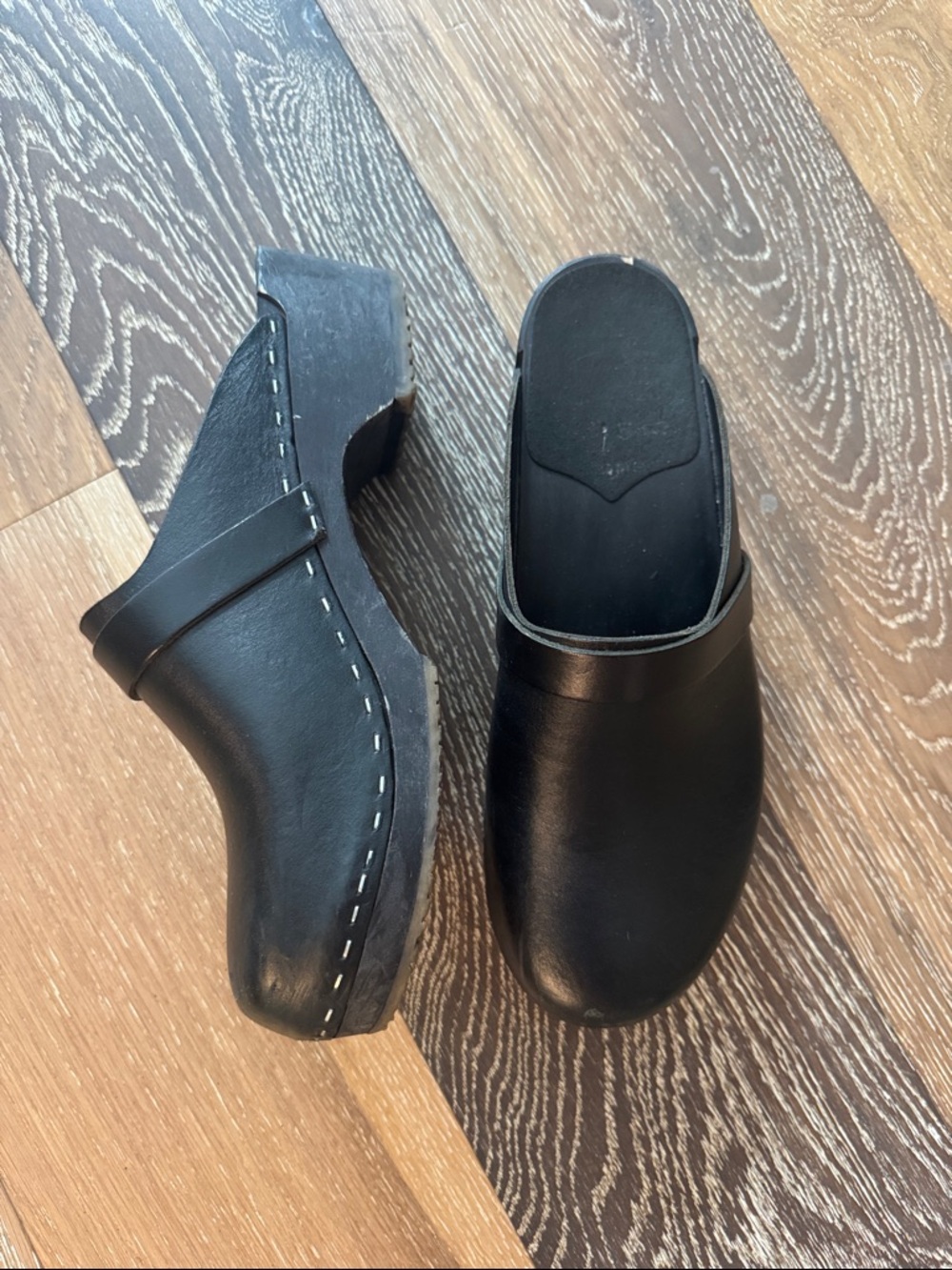 No. 6 Clog in Black Leather with Wood Low Heel, size 41